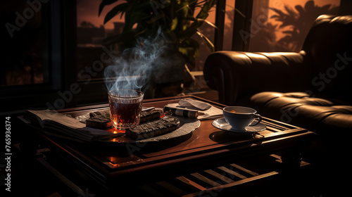 Late afternoon coffee table, heavy ambient, dark, cigar smoking, espresso coffee