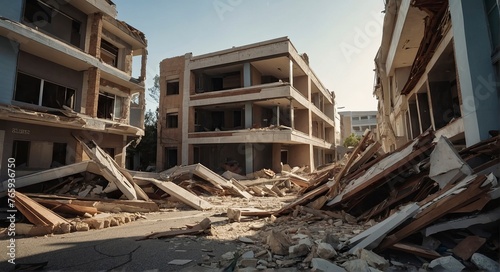 Collapsed buildings and debris after an earthquake