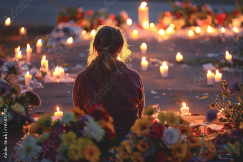 schoolgirl crying over school memorial dedicated to the victims of the school shooting