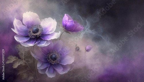 Tapeta w fioletowe kwiaty,  pastelowy zawilec, wzór kwiatowy, puste miejsce na tekst, kartka na życzenia © anettastar