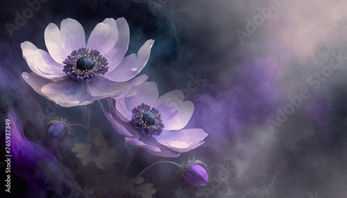 Tapeta w fioletowe kwiaty, pastelowy zawilec, wzór kwiatowy, puste miejsce na tekst, kartka na życzenia