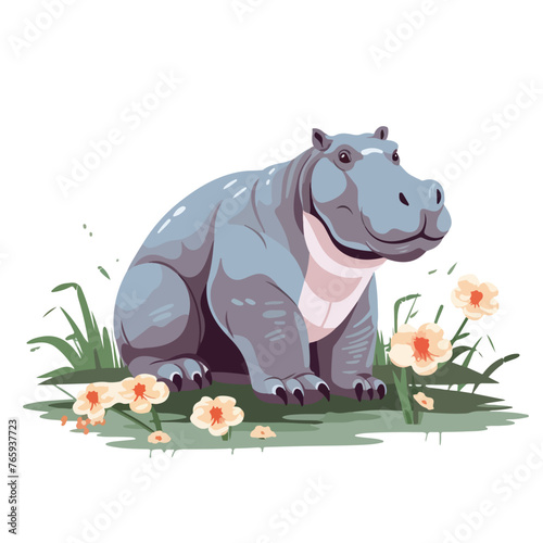 wild hippopotamus animal with flowers nature icon v