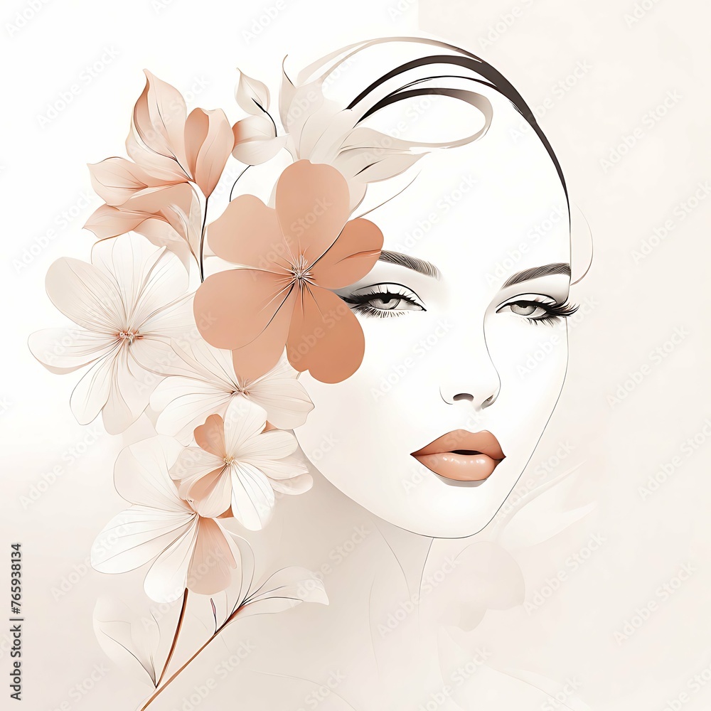 Abstract female face in one line. Woman face with flowers Surreal Line art female floral girl. Minimalism Abstract modern Continuous single line woman face portrait
