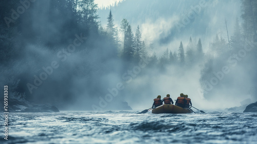 River Rafting Adventure: High-Resolution Image of Group Navigating Turbulent Mountain River, Thrilling Mist and Blurred Trees Capture the Excitement. photo