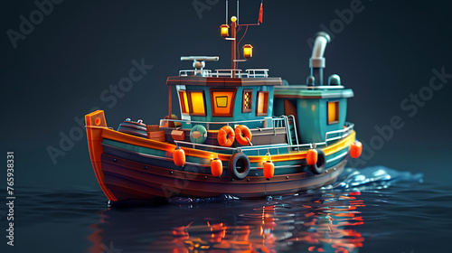a boat is shown in a 3d preview no 1, in the style of dark cyan and blue, he jiaying, transportcore, high-angle. Generative Ai