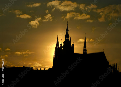 Cathedral of St. Vitus, Wenceslas and Adalbert at sunset. . Prague Castle in the Czech Republic. 