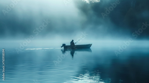 Serene Angler: Dawn Fishing from a Boat in the Lake Amidst the Fog
