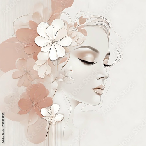 Abstract female face in one line. Woman face with flowers Surreal Line art female floral girl. Minimalism Abstract modern Continuous single line woman face portrait 