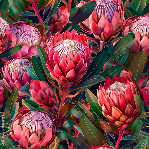 Pink flowers and protea buds. Green leaves, pink and red flowers, dark green seamless pattern.