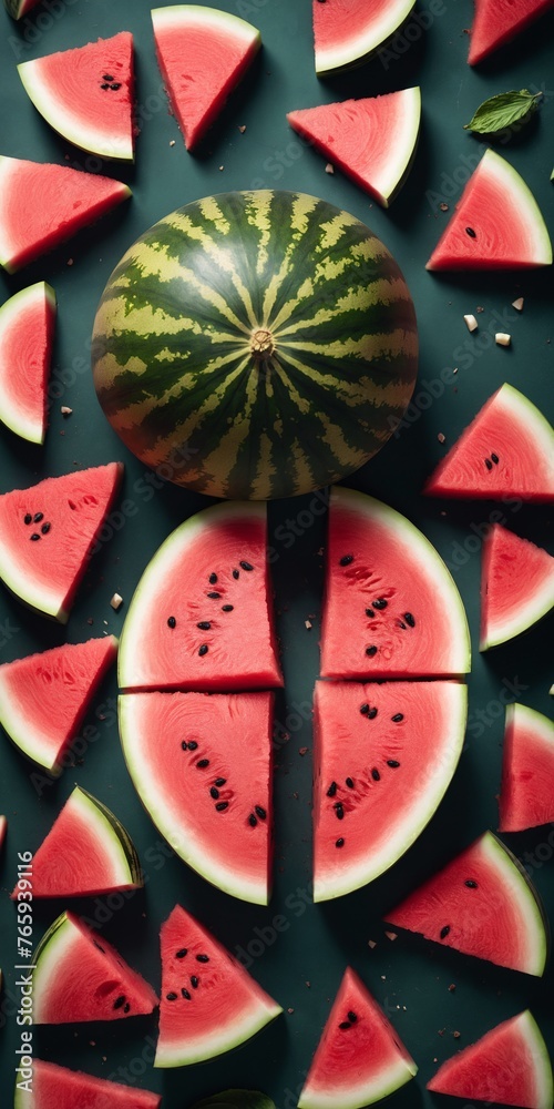 Fototapeta premium seamless pattern with red watermelon slices on grey background