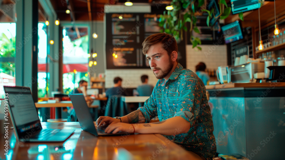 Focused Male Freelancer Working on Laptop in Cozy Café, Concentration and Entrepreneurship Focused Male Freelancer Working on Laptop in Cozy Café, Concentration and Entrepreneurship