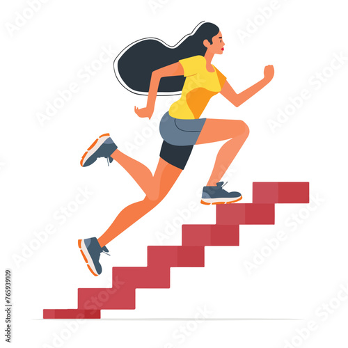 Woman running towards top on stairs to the goal 