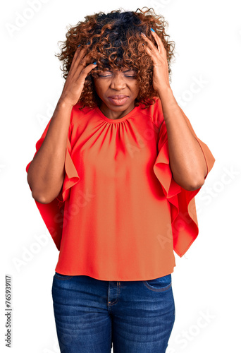 Young african american woman wearing casual clothes with hand on head for pain in head because stress. suffering migraine.