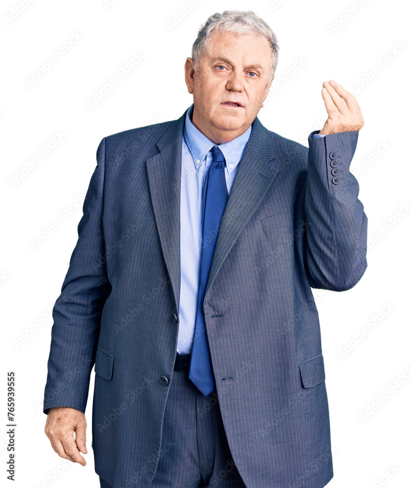 Senior grey-haired man wearing business jacket doing italian gesture with hand and fingers confident expression Senior grey-haired man wearing business jacket doing italian gesture with hand and fingers confident expression