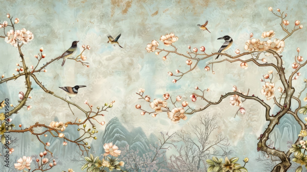 Chinoiserie wallpaper landscape wall mural. Home and office decoration. Birds, trees and flowers. Hand Drawn Design. Luxury turquoise color.
