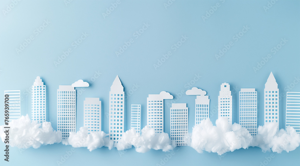Fototapeta premium White paper cityscape with buildings and clouds on light blue background, flat lay. Concept of urban life or ecofriendly living. Flat lay. White paper cityscape with buildings and clouds on light blue
