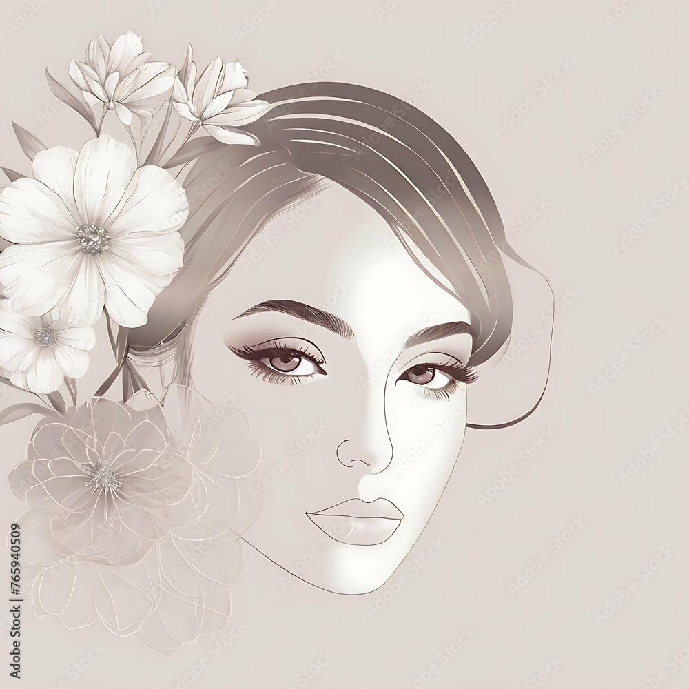 Abstract female face in one line. Woman face with flowers Surreal Line art female floral girl. Minimalism Abstract modern Continuous single line woman face portrait
