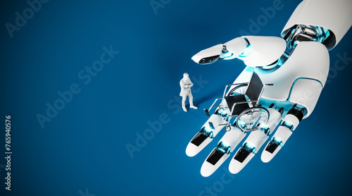 Robot hand holding wheelchair for humans on blue background with copy space. Ai makes people unnecessarily disabled. 3D Rendering, 3D Illustration photo