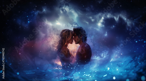 Couple embracing intimately amid glowing waves. Erotic dreams