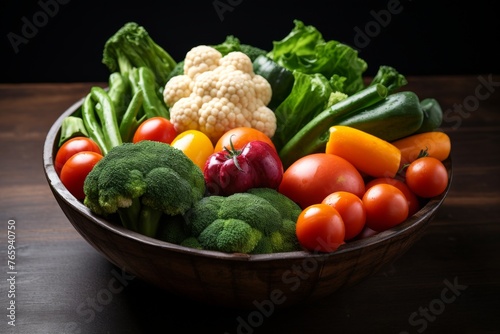 Fresh vegetables in a bowl on wooden table