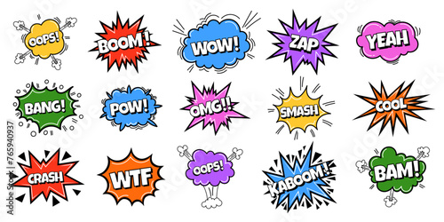 Pow comic bubble collection. Sound dialogue speech bubbles with word - Crash, Oops, Yeah and other. Pop art expression in bright color and black outline.