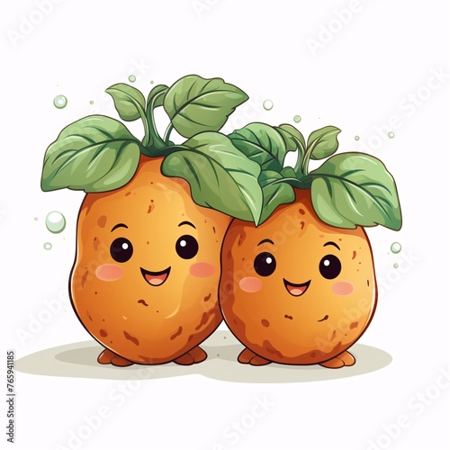 a cartoon of two potatoes with faces and green leaves