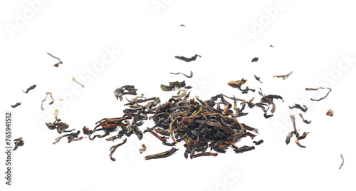 Konstfotografi Heap Darjeeling Tea dried tea leaves isolated on white, close up, side view