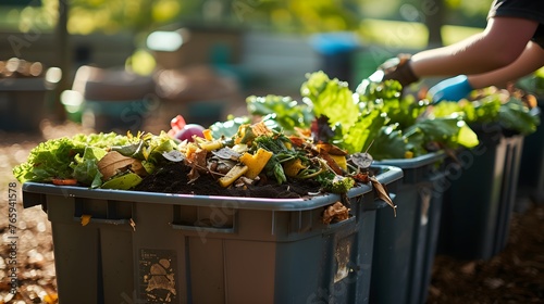 A bin filled with materials that comprise green waste, such as kitchen food wastes and plant trimmings. Organic biodegradable waste container, composting photo