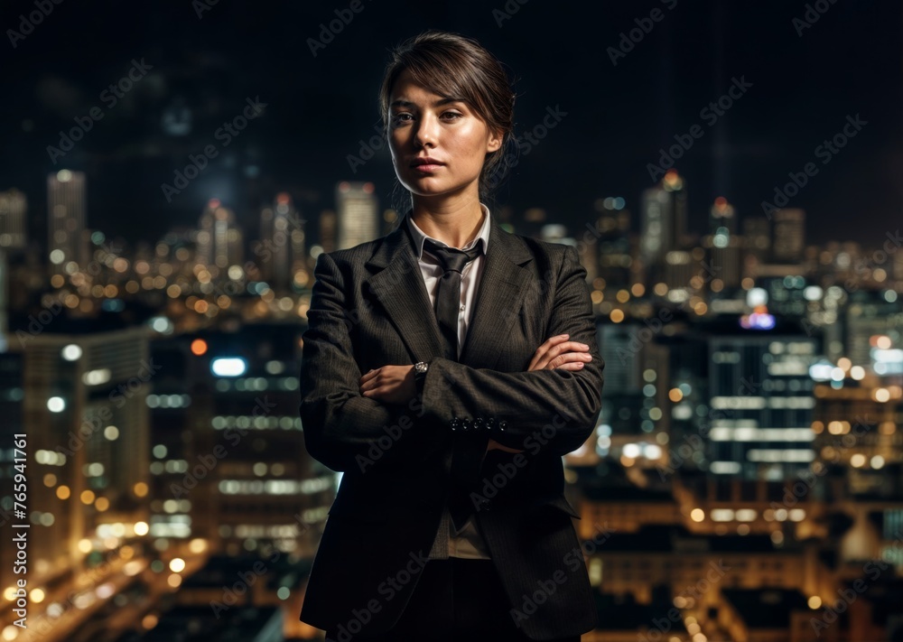 Portrait of young businesswoman standing with arms crossed against night city background