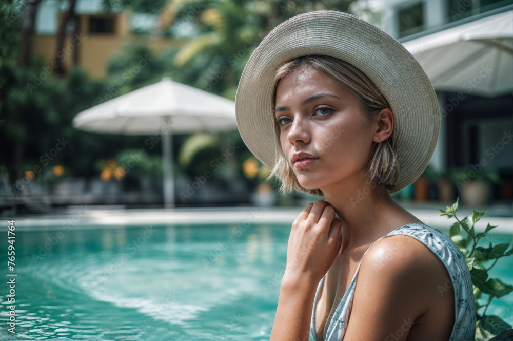 beautiful young woman in hat looking away while standing near swimming pool