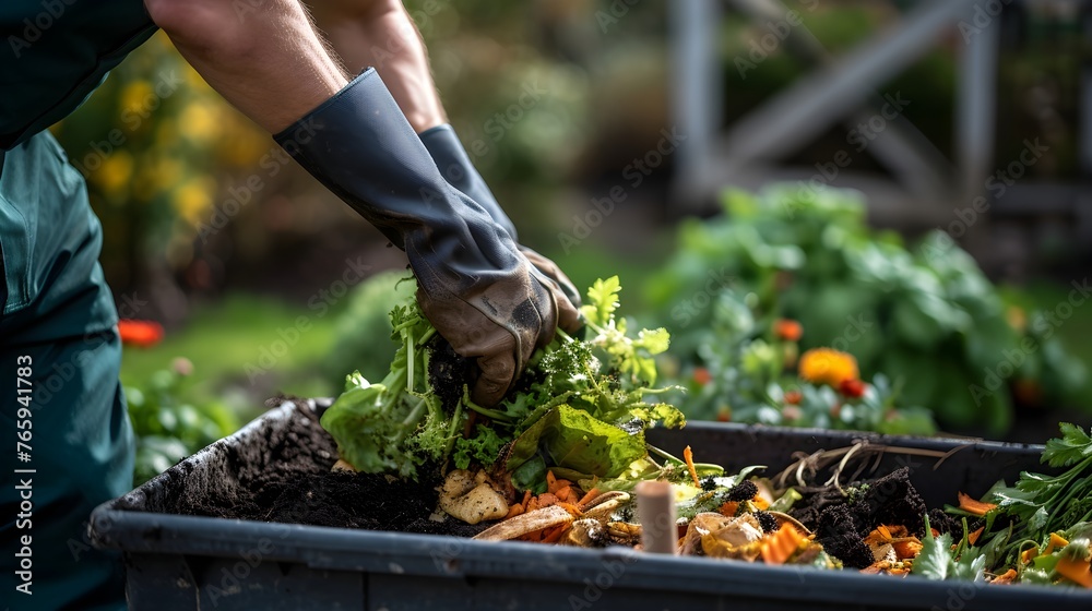 Fototapeta premium The hands of a man wearing long gloves put organic waste into a compost box