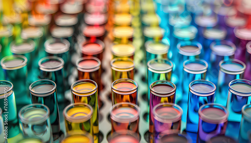 Many test tubes with colorful chemical liquids photo