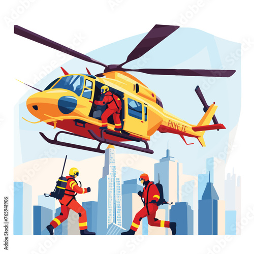 Yellow rescue helicopter and team flat poster. 