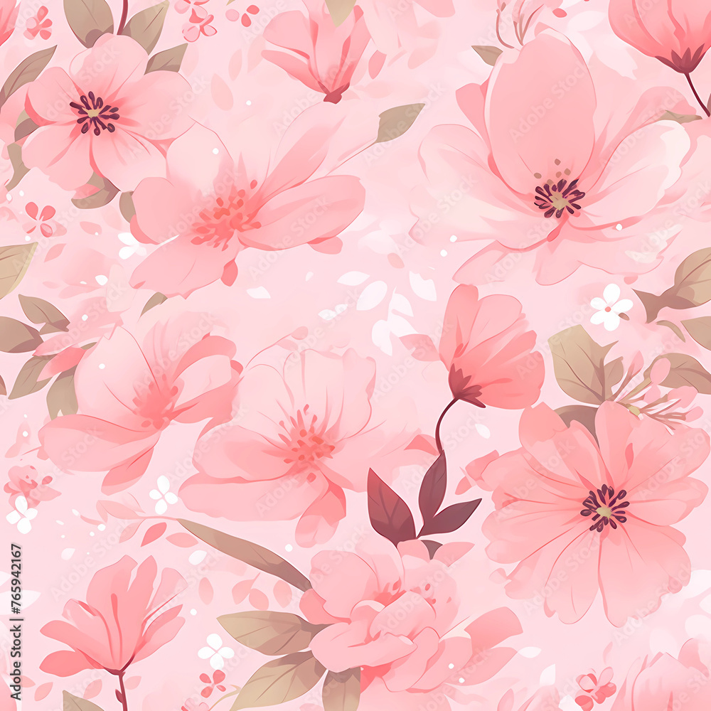 Seamless floral pattern featuring soft pink blossoms and delicate leaves. Perfect for spring-inspired designs, wallpapers, textiles, and adding a touch of elegance to feminine decor. Seamless floral pattern featuring soft pink blossoms and delicate leaves. Perfect for spring-inspired designs, wallpapers, textiles, and adding a touch of elegance to feminine decor.