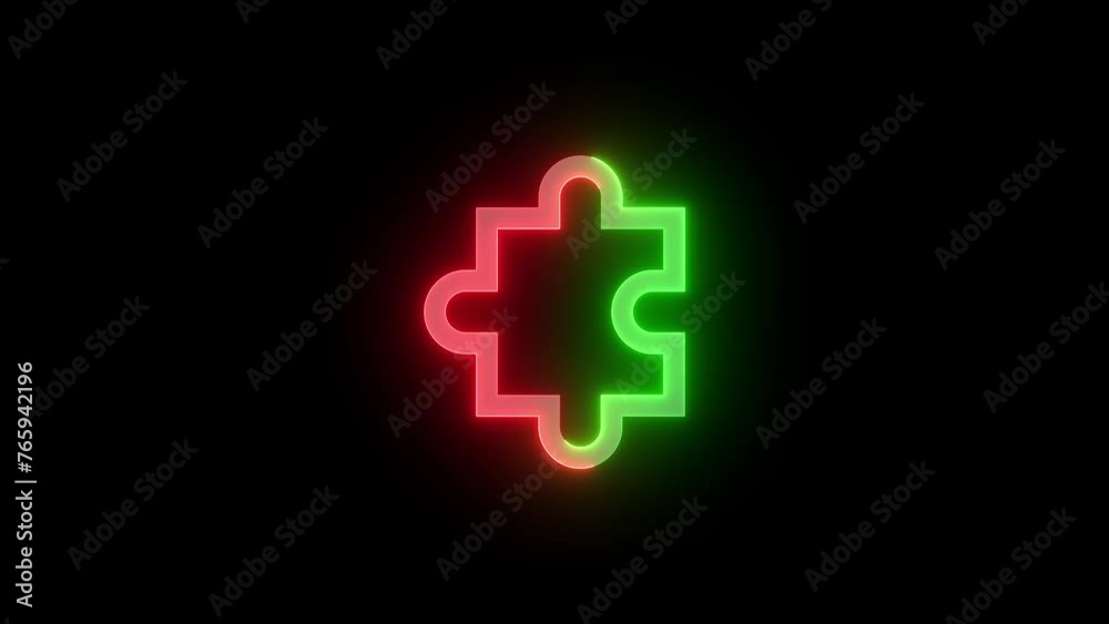 Neon puzzle icon green red color glowing animation black background Neon puzzle icon green red color glowing animation black background