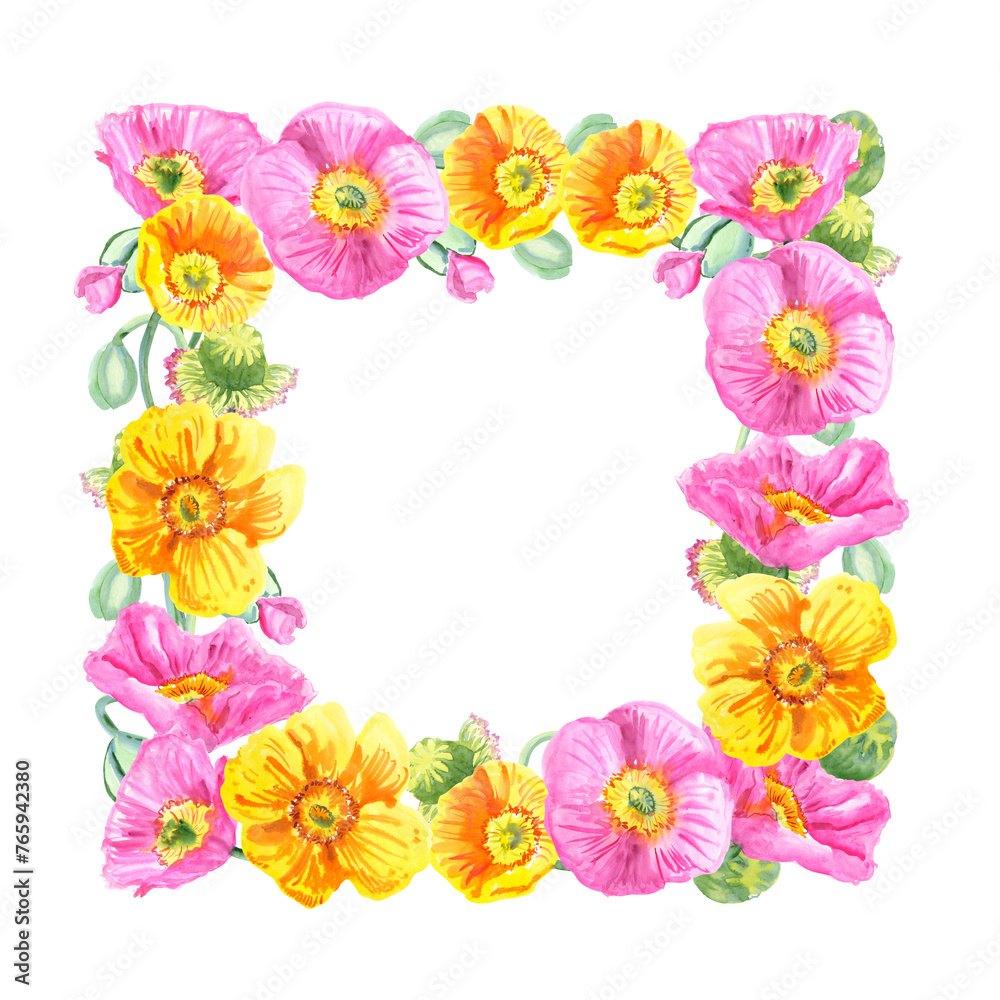 Pink and yellow blooming poppies flowers square frame. Watercolour flower decor hand drawn illustration. Painted botanical floral seasonal elements. Isolated on white background. for Greeting cards Pink and yellow blooming poppies flowers square frame. Watercolour flower decor hand drawn illustration. Painted botanical floral seasonal elements. Isolated on white background. for Greeting cards