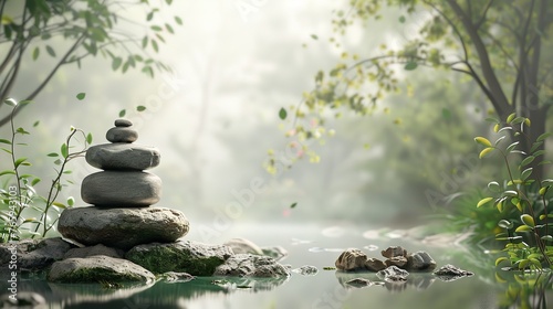 a background for advertisement, with inspiring zen meditation elements, in 3d, with as much details as possible photo