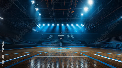 Empty basketball arena, stadium, sports ground with flashlights and fan sits