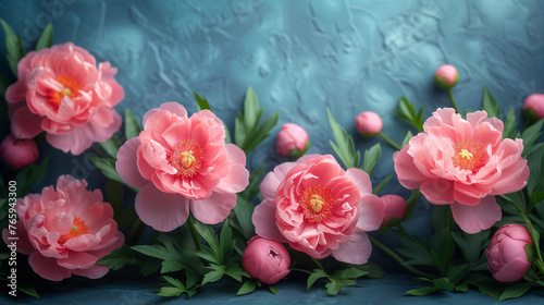 Beautiful pink peonies on a blue background with copy space.