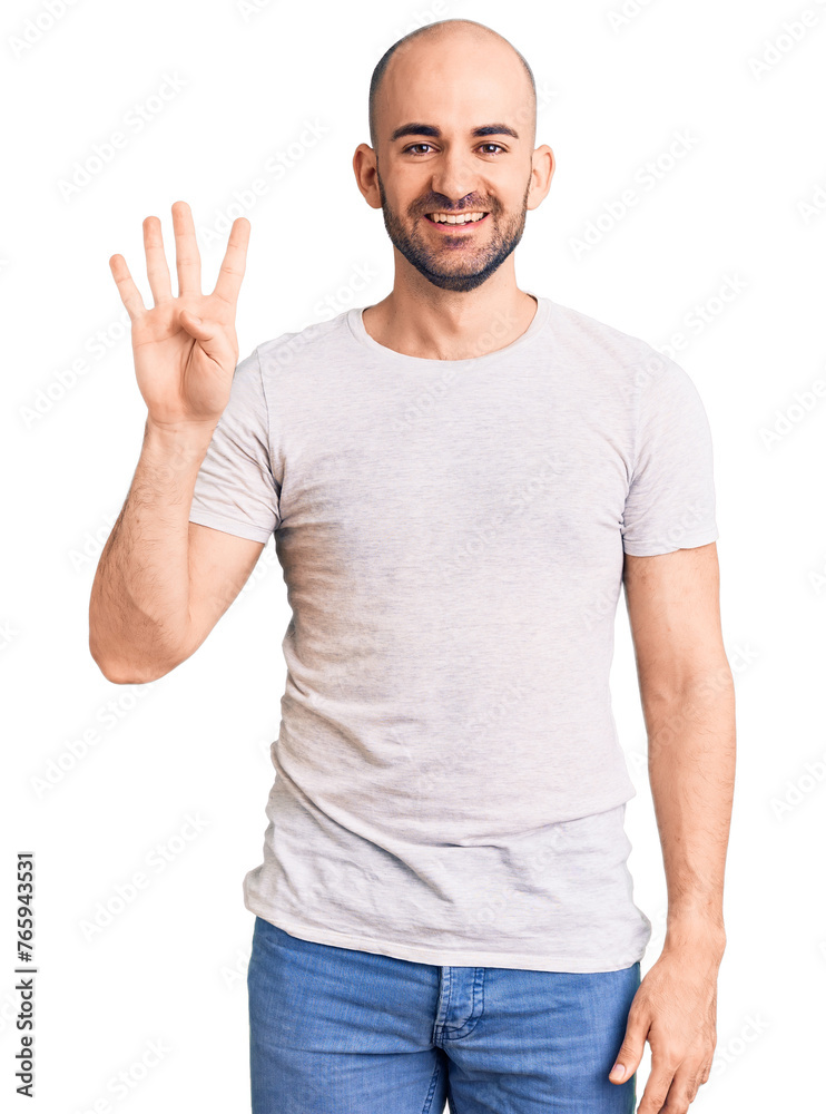 Young handsome man wearing casual t shirt showing and pointing up with fingers number four while smiling confident and happy. Young handsome man wearing casual t shirt showing and pointing up with fingers number four while smiling confident and happy.