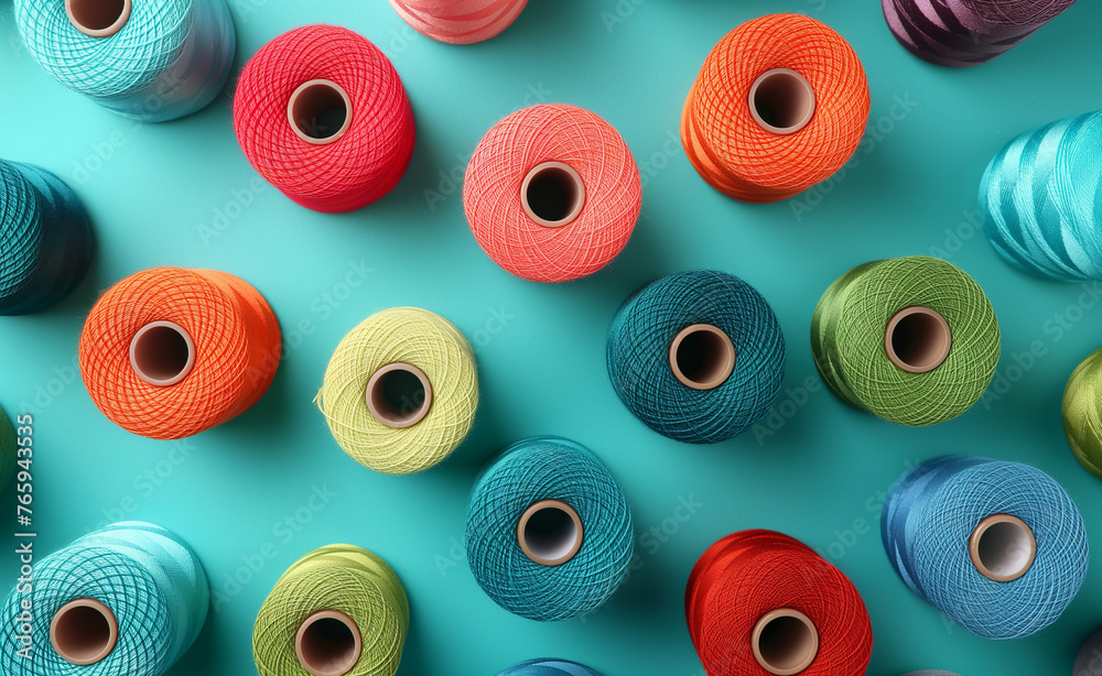 Fototapeta premium Colorful Array on Teal Background. Different Colorful Sewing Threads. 