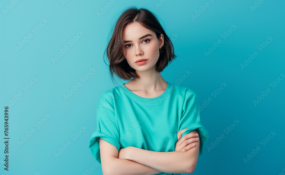 Serious young woman with a bob haircut in a green shirt against a green background. Serious young woman with a bob haircut in a green shirt against a green background.