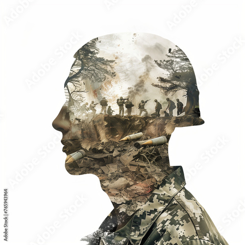 Double exposure illustration of a soldier's head with shells and terrorists inside the body, isolated on white background, full detailed portrait in profile view, muted colors, vector art in the style