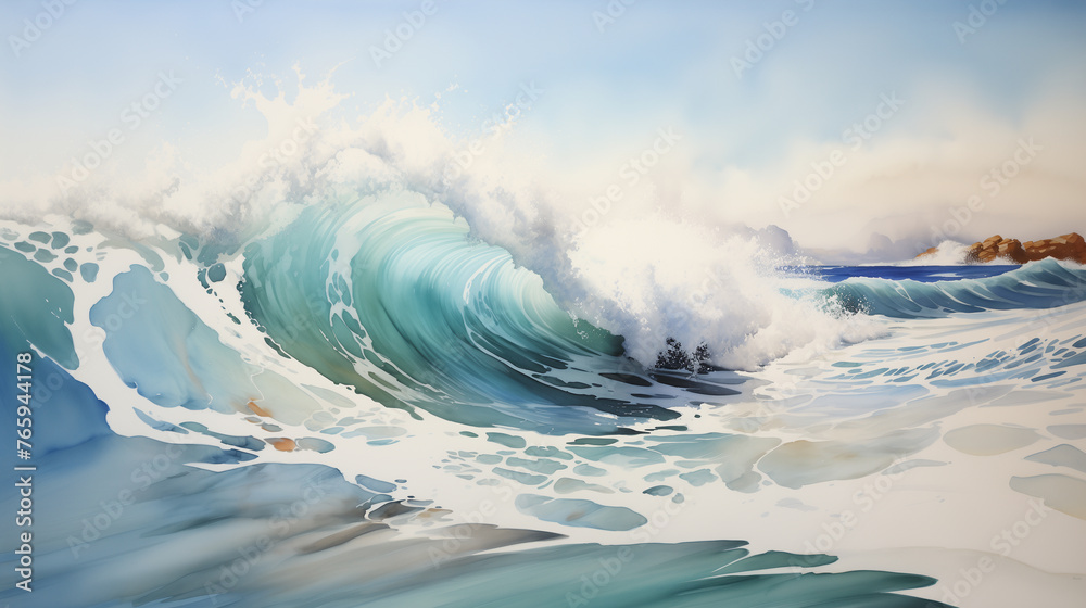Ocean waves are depicted in the digital watercolor illustration ...