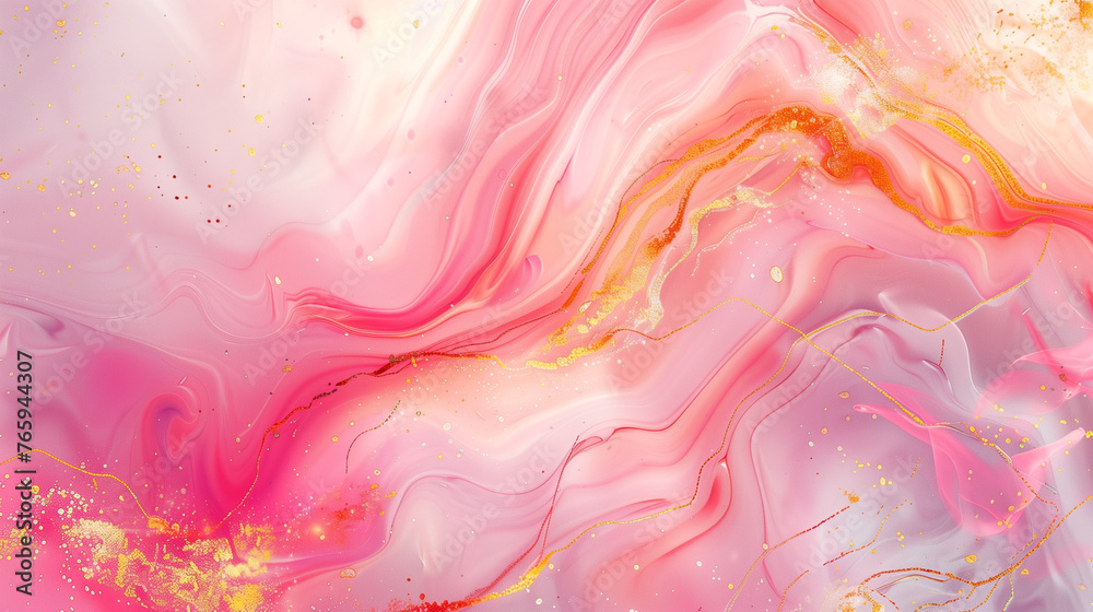 Pink Petal Elegance: Abstract Marble Stone Texture with Flowing Ink, Blossom Flower Swirls, and Gold Painted Lines, Crafting a Luxurious Background Banner.