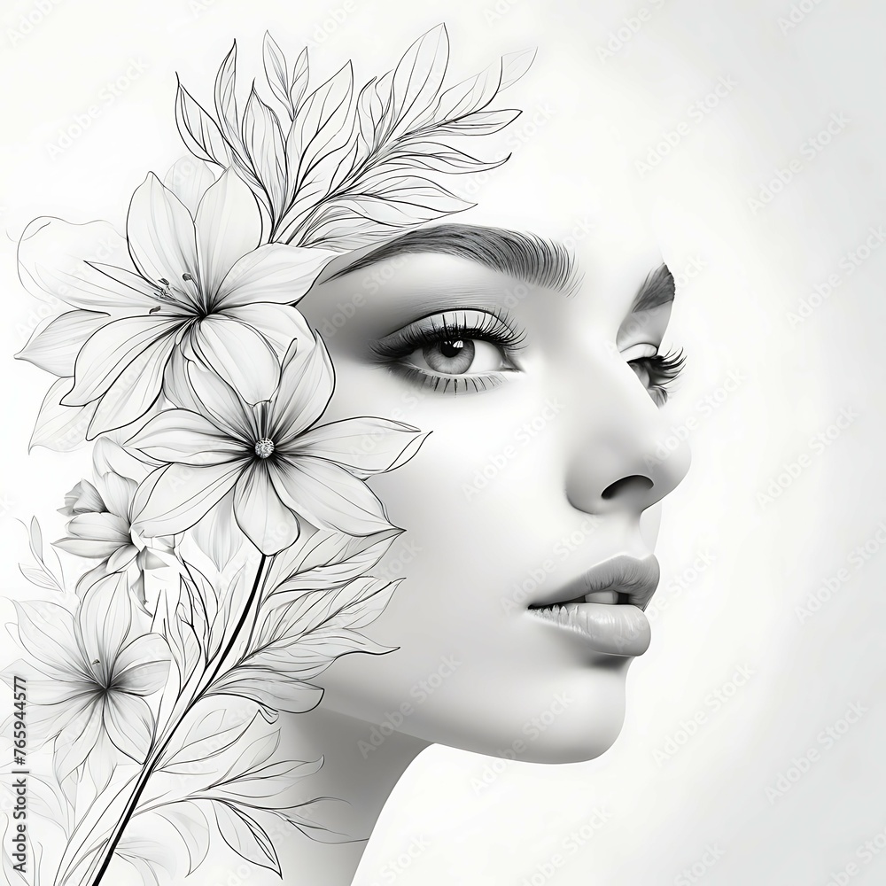 Abstract female face in one line. Woman face with flowers Surreal Line art female floral girl. Minimalism Abstract modern Continuous single line woman face portrait
