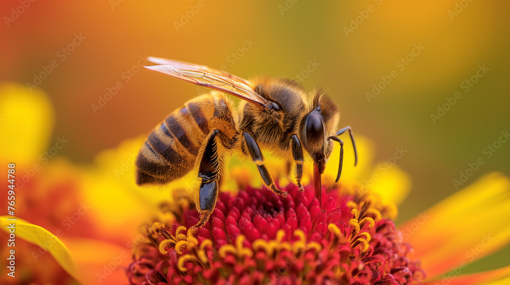 Close-Up of Apis Mellifera Bee Pollinating Helenium Flowers: Detailed View of a Bee (Apis Mellifera) Collecting Pollen on Vibrant Helenium Blossoms, Illustrating the Vital Role of Bees in Pollination. Close-Up of Apis Mellifera Bee Pollinating Helenium Flowers: Detailed View of a Bee (Apis Mellifera) Collecting Pollen on Vibrant Helenium Blossoms, Illustrating the Vital Role of Bees in Pollination.