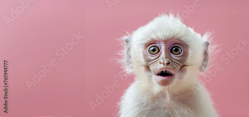 A baby monkey with its eyes closed and a pink background. The monkey is looking at the camera. Portrait of a white cute baby monkey with surprised expression on a pink background photo