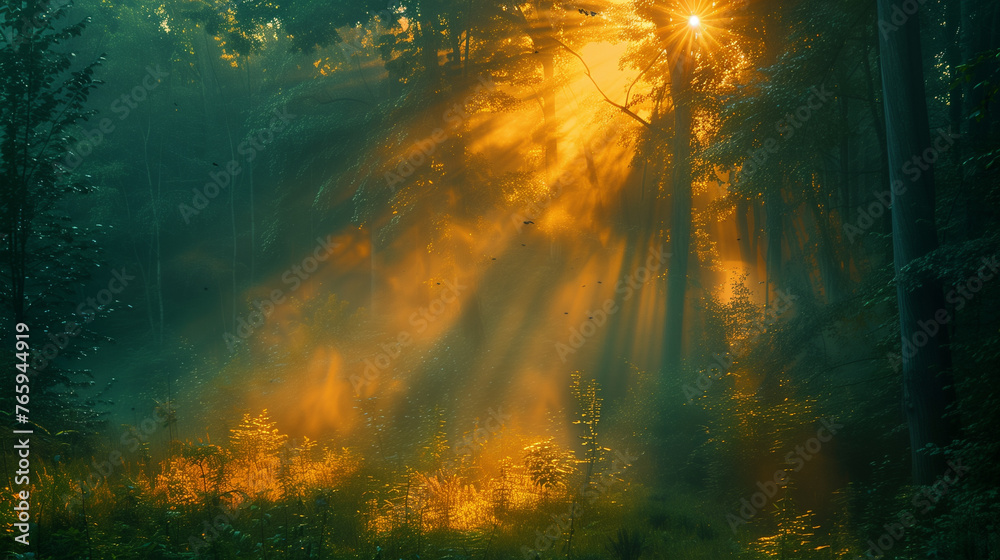 Ethereal light shining through a forest with creating a magical and tranquil atmosphere, nature's call for environmental stewardship.