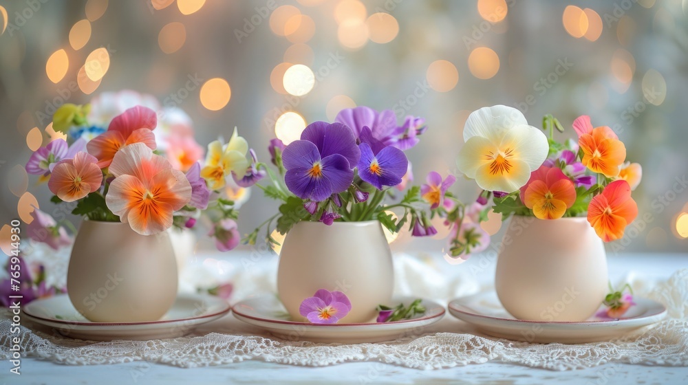 Eggshell vases with spring flowers on a lacy runner, warm bokeh lights background. Eggshell vases with spring flowers on a lacy runner, warm bokeh lights background.
